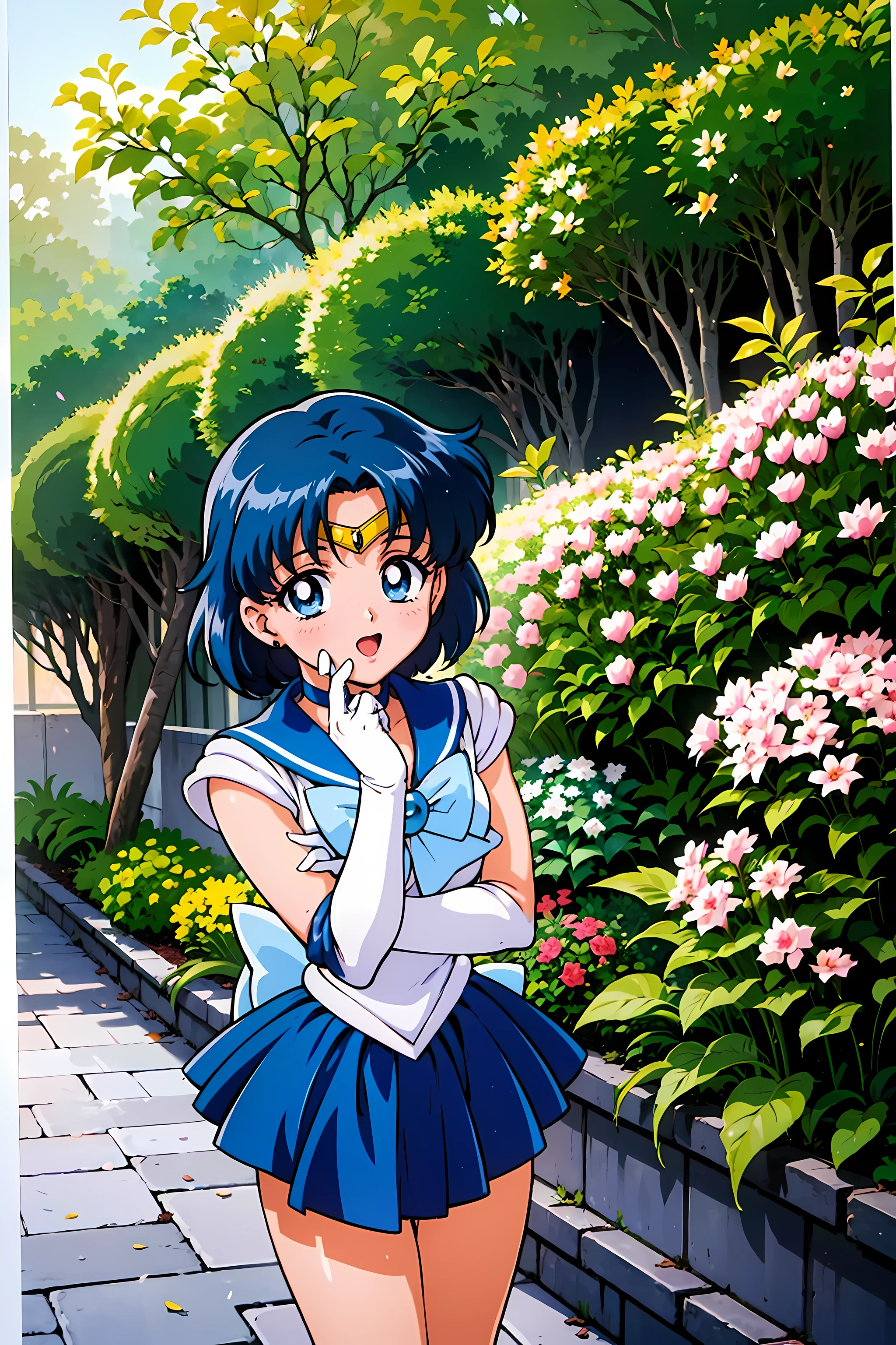 (highest quality:1.3),(ultra-Familiar:1.5),High resolution,extremely Familiar CG,unity 8k wallpaper,Official Art,Familiar,super Familiar skin,Perfect ???????,beautiful Familiar eyes,(Anime screenshots:1.11),Very delicate and beautiful,(90s Anime,90s Anime style,cell shaded anime:1.17),1 girl,alone,anmnr,
(mer1:1.52)), tiara, Sailor senshi Uniforms, Blue sailor collar, bow, Knee Boots, choker, White gloves, blue choker, elbow gloves, jewelry, Earrings, Blue Skirt,
((garden :1.2)),At dusk, ((Recommended for scenes with strong dark shadows:1.2)), Golden Flower ,Beautiful magic style, intense, Concept Art, Digital Painting,
blush, Open your mouth,Wind lift, Sexy pose, Outdoor,