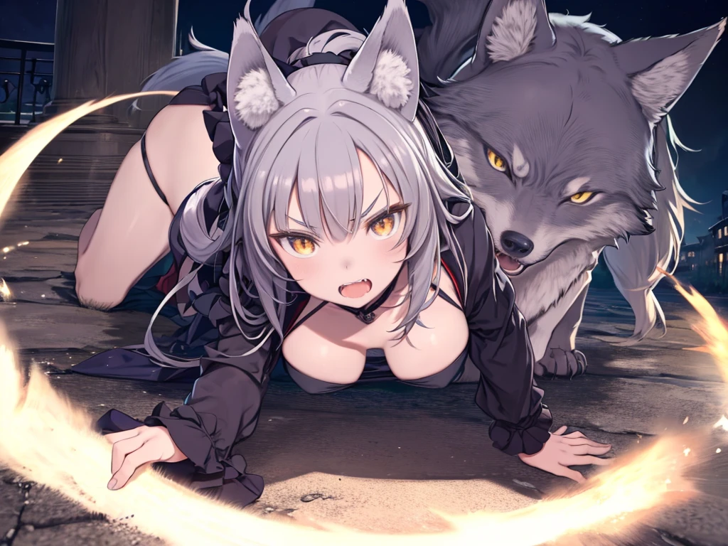 masterpiece、highest quality、High resolution、Very detailed、Mature Woman、Wolf Girl、werewolf、Wolf Ears、Wolf&#39;s Tail、Golden Eyes、Vertical eyes、cat&#39;s eyeouth open、(Long fangs)、Combat Ready、On all fours、Angry、V-shaped eyebrows、Hairy body、In town、night、full moon、