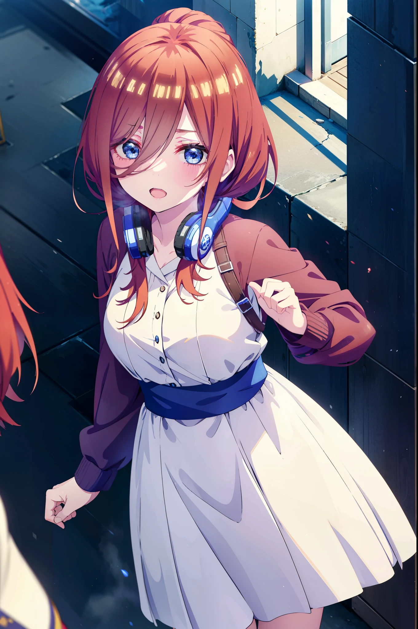 Miku Nakano, Miku Nakano, Long Hair, bangs, blue eyes, Brown Hair, Short braided hair,ponytail,Blue Hairband ,Hair between the eyes, Headphones around neck,White sleeveless dress,Long skirt,Cute Sandals,Daytime,Clear skies,happy smile, smile, Open your mouth,So that the whole body goes into the illustration,Looking up from below,
break outdoors, In town,Building district,
break looking at viewer, (Cowboy Shot:1. 5)
break (masterpiece:1.2), highest quality, High resolution, unity 8k wallpaper, (figure:0.8), (Beautiful fine details:1.6), Highly detailed face, Perfect lighting, Highly detailed CG, (Perfect hands, Perfect Anatomy),