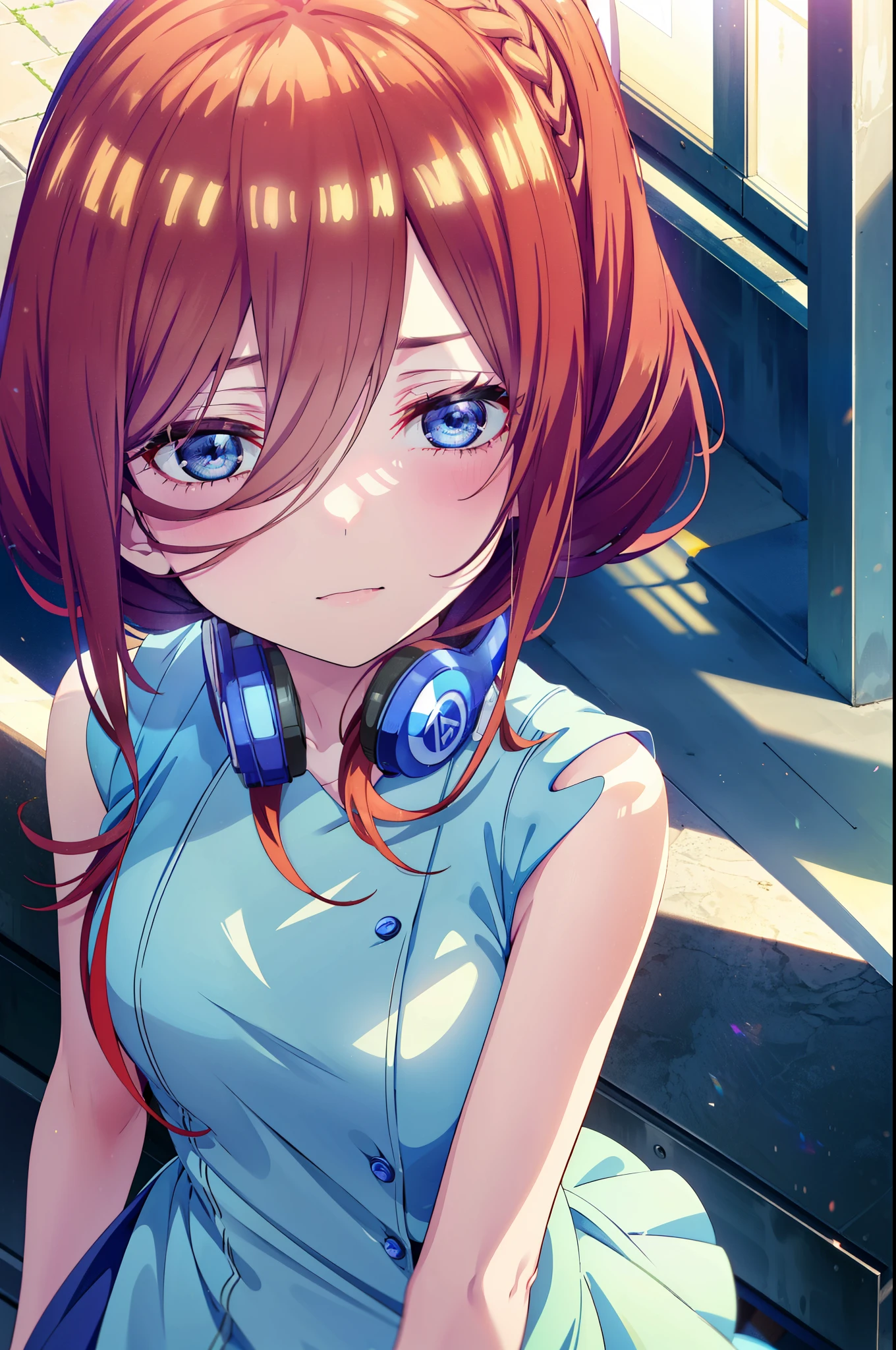Miku Nakano, Miku Nakano, Long Hair, bangs, blue eyes, Brown Hair, Short braided hair,ponytail,Blue Hairband ,Hair between the eyes, Headphones around neck,White sleeveless dress,Long skirt,Cute Sandals,Daytime,Clear skies,happy smile, smile, Open your mouth,So that the whole body goes into the illustration,Looking up from below,
break outdoors, In town,Building district,
break looking at viewer,  (Cowboy Shot:1. 5)
break (masterpiece:1.2), highest quality, High resolution, unity 8k wallpaper, (figure:0.8), (Beautiful fine details:1.6), Highly detailed face, Perfect lighting, Highly detailed CG, (Perfect hands, Perfect Anatomy),