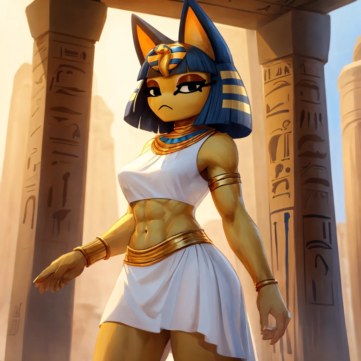 a digital artwork of ankha with abs wearing a crop top of her white sleeveless dress with white dress skirt, a bare midriff and a bare navel, sideview, Egyptian setting