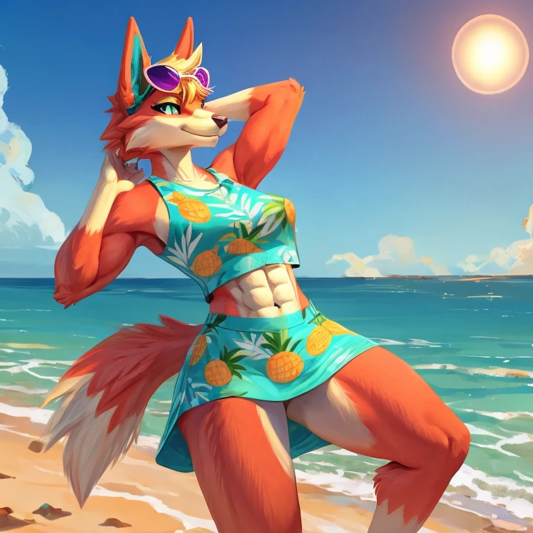 a digital artwork of audie with abs wearing a crop top of her sleeveless turquoise and pineapple printed muumuu dress with turquoise and pineapple printed skirt, a  midriff and a  navel, she has sunglasses on her forehead 