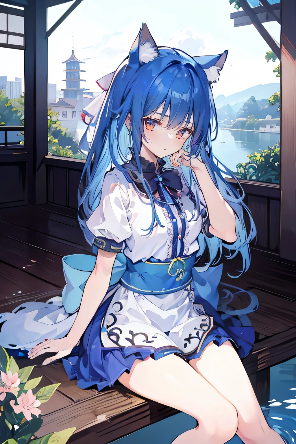 (masterpiece:1.2),ultra-detailed,realistic,expressive eyes,fair-skinned,perfectly shaped face,1girl,
Japanese cartoons,Gorgeous blue hair, flowing blue hair,floating clothes,cat ears,petals falling,beautiful Lola,Hina Angel,
hands on waist,gracefully sitting on the ground,legs crossed,gentle and serene background,cool and comfortable pavilion,night ,