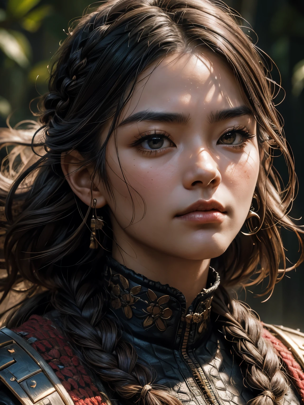 A photorealistic close-up portrait of Juan Ting, looking directly at the viewer, wide jaw, strong chin, closeup, close-up, with light makeup, extremely detailed eyes, hair in a long and scruffy braid, hair framing face, fierce expression, one eyebrow raised, A detailed symmetrical realistic face, authentic samurai armour and red keffiyeh, highly detailed natural texture, masterpiece, absurdes, extremely detailed, astonishing, fine detail, couleurs riches, hyper realistic texture, dramatic lighting