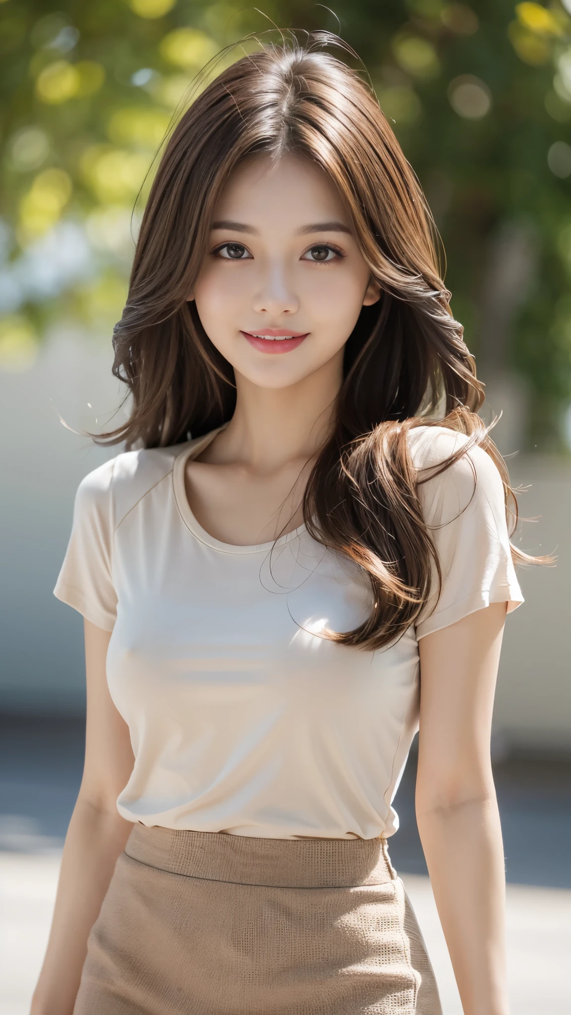 whole body, best quality, Practical, Ultra Detailed, Finely, high resolution, 8k wallpaper, 1 beautiful woman,, Light brown messy hair, Wear a T-shirt，Short skirt, Clear focus, Perfect dynamic composition, Beautiful and delicate eyes, Thinning hair, Detailed Practical skin texture, Smile, Close-up figure, Model figure