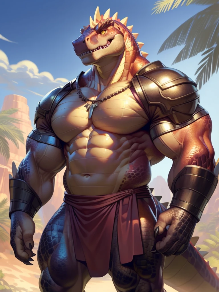 solo, anthro, furry, furry male, Alligator, ((spiny scales, scale, detailed muscles)), (Dinosaur print), orange body, yellow abs, tan chest, snout, huge pectorals, big muscles, yellow eyes, tail, detailed teeth, detailed face, detailed scales, detailed face, mono-colored body, glowing scales, detailed eyes, padded armor,tribal wear, armor, barbarian attire, full body, claws, (oasis), (by null-ghost,by raccoon21, masterpiece, high quality, hi-res,8k), standing,close-view portrait, looking at viewer, outdoor, aggressive, angry, raging, menace, detailed sky,