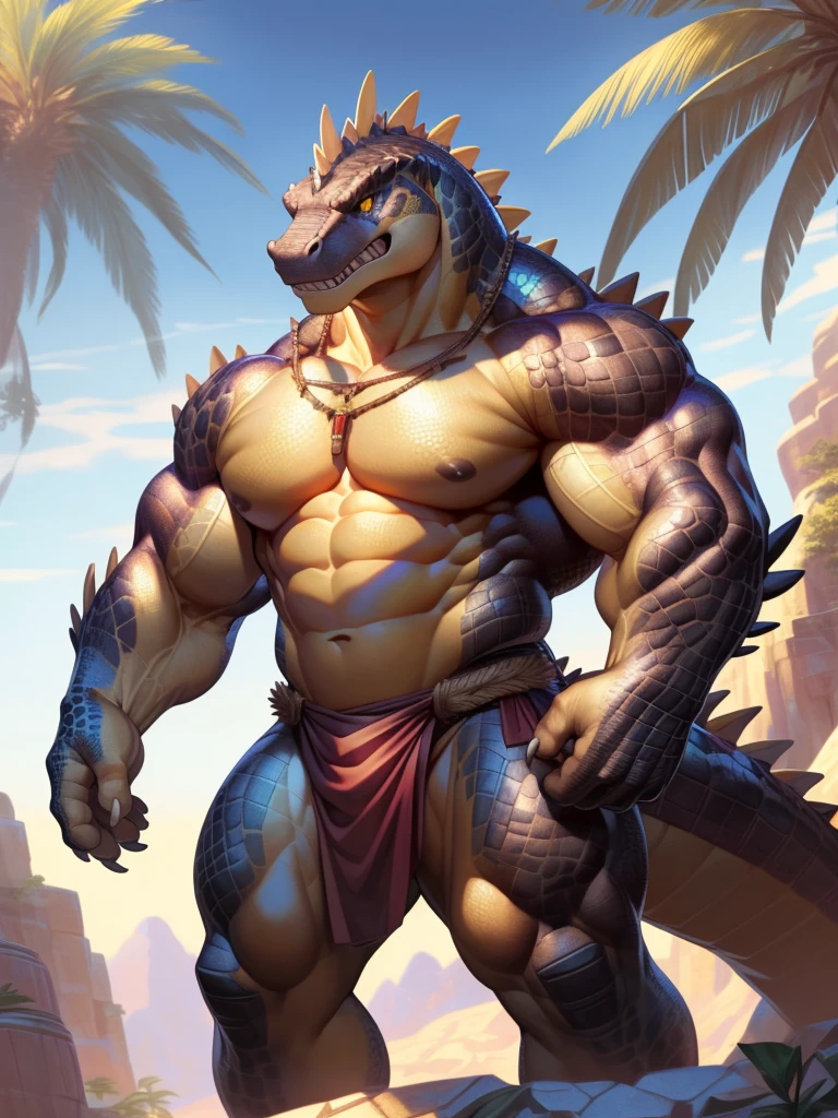 solo, anthro, furry, furry male, Alligator, ((spiny scales, scale, detailed muscles)), (Dinosaur print), orange body, yellow abs, tan chest, snout, huge pectorals, big muscles, yellow eyes, tail, detailed teeth, detailed face, detailed scales, detailed face, mono-colored body, glowing scales, detailed eyes, padded armor,tribal wear, armor, barbarian attire, full body, claws,  (oasis), (by null-ghost,by raccoon21, masterpiece, high quality, hi-res,8k), standing,close-view portrait, looking at viewer, outdoor, aggressive, angry, raging, menace, detailed sky,
