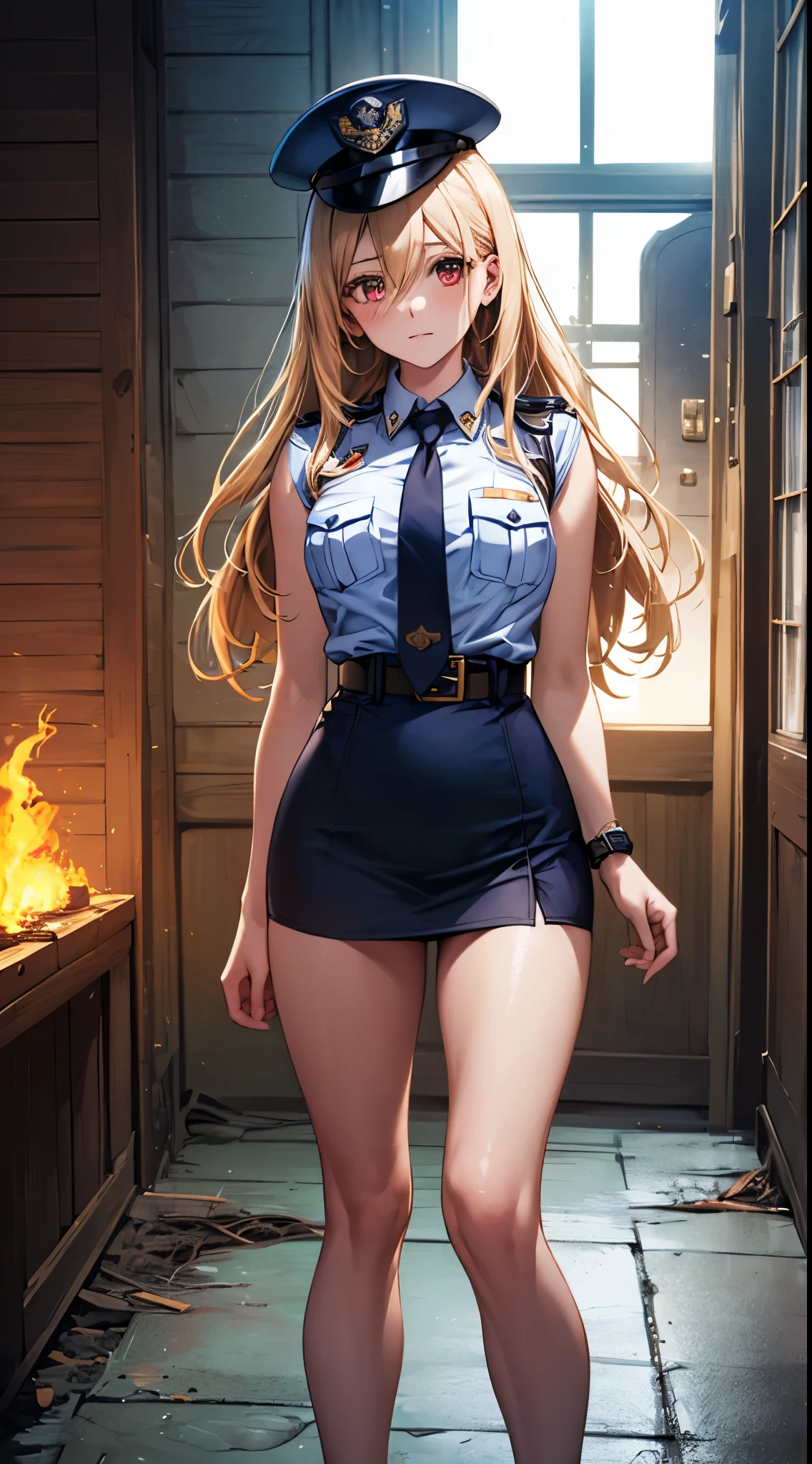 (((Perfect Anatomy, Very detailedな肌))), 1 girl, Japanese, Police Girl, Shiny skin, Small breasts:0.5, avert your eyes, look up, Beautiful Hair, Beautiful Face, Beautiful fine details, (Long Hair:1.5,), Blonde, bangs, Hair between the eyes, Red eyes, Beautiful clavicle, Beautiful body, Beautiful breasts, Beautiful thighs, Beautiful feet, Baby Face, Mole under the eye, ((Policewoman uniform, Light blue sleeveless shirt, Navy tie, High Waist Mini Skirt), belt, ((watch)),Police hat, Captivating thighs , (Beautiful views), wasteland, Burning City, 8k, highest quality, Masterpiece:1.2, Very detailed), (Realistic, photoRealistic:1.2), Beautiful illustrations, Cinema Lighting,Indoor Scene,Wooden wall,Standing facing forward