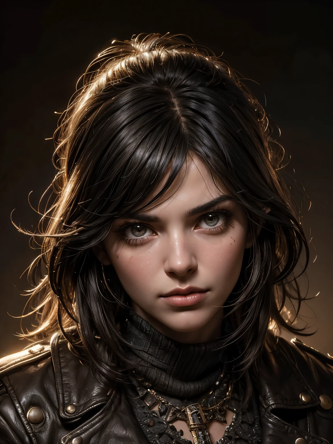 A photorealistic close-up portrait of Monica Barbaro, looking directly at the viewer, wide jaw, strong chin, closeup, close-up, with light makeup, extremely detailed eyes, hair in a long and scruffy bob style, hair framing face, fierce expression, one eyebrow raised, A detailed symmetrical realistic face, tatty leather flying jacket and keffiyeh, highly detailed natural texture, masterpiece, absurdes, extremely detailed, astonishing, fine detail, couleurs riches, hyper realistic texture, dramatic lighting