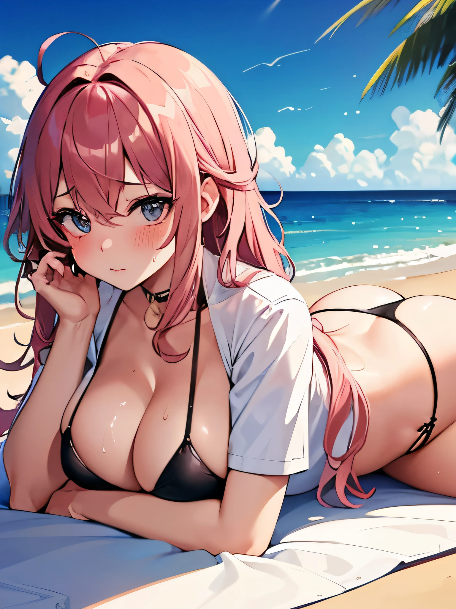 (masterpiece,highest quality, detailed), One girl, alone, Lying on the beach,Point your ass to the camera,Ocean, Fireworks at night, whole body,bikini,Sweat, Ahegao, Roll your eyes, blush, naked、Pink Hair,Messy wavy long hair,open chest white shirt、Black underwear,A tight-fitting shirt、Big Breasts