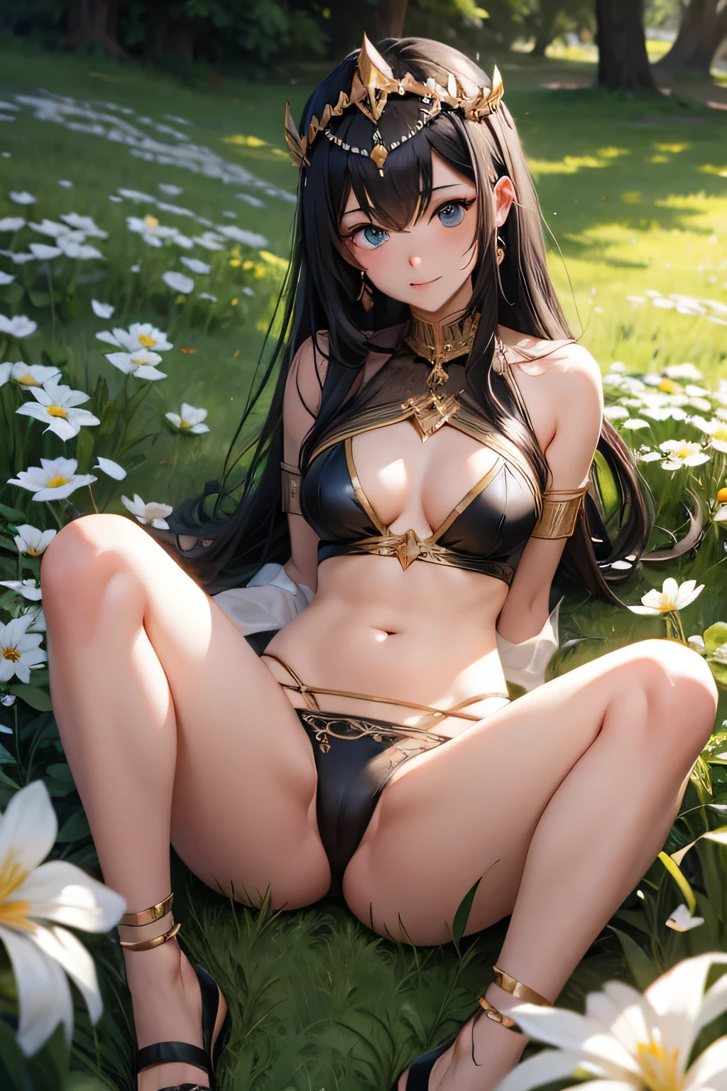 The female pharaoh spread her legs and wore a full-body bikini with very little breast coverage. Small flowers on the grassland