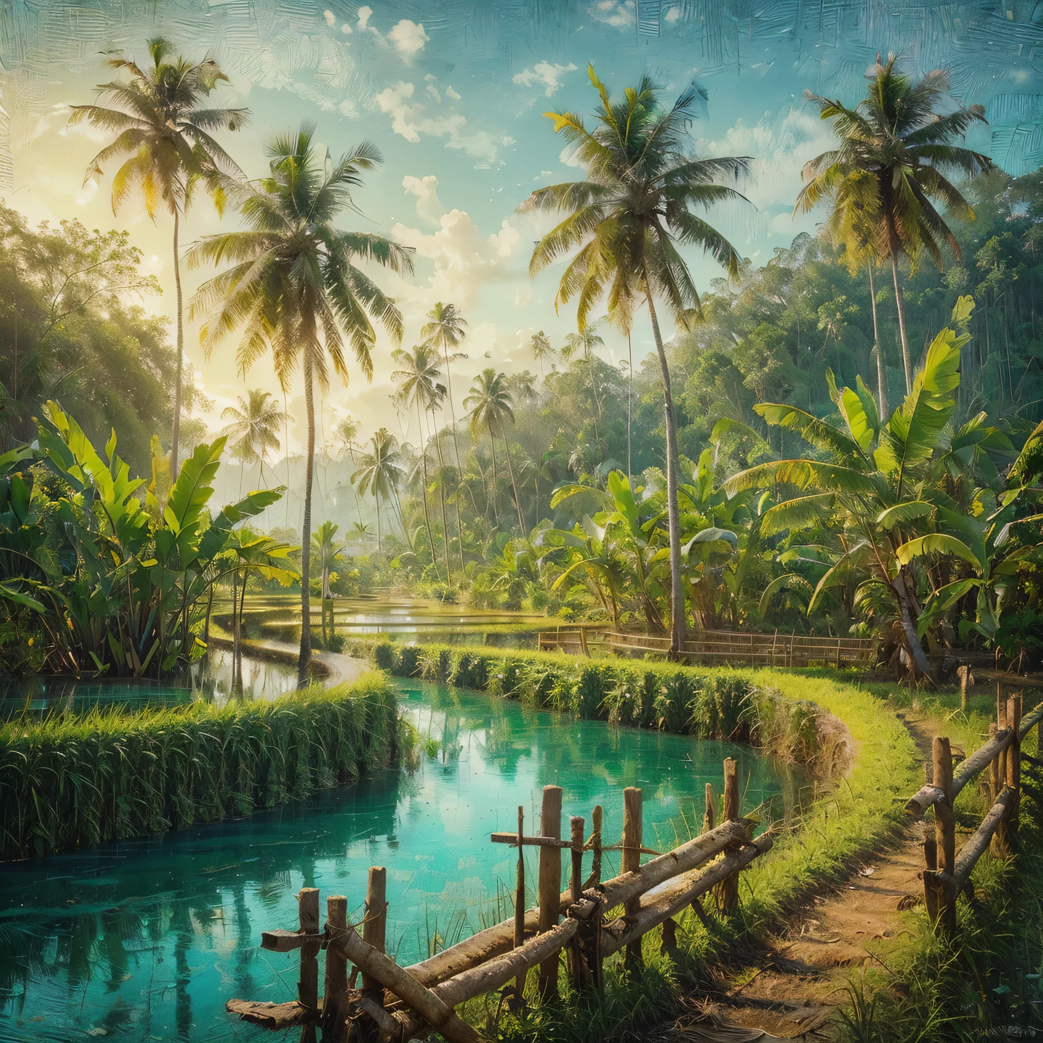 Create a hyperrealistic picture of a beautiful and enchanting view of coconut trees (coconut trees), banana trees (banana trees) on the edge of rice fields (rice fields), wooden fences on the edge of rice fields, small lakes with clear blue water, rivers, oil on rough canvas, textured scumbling technique