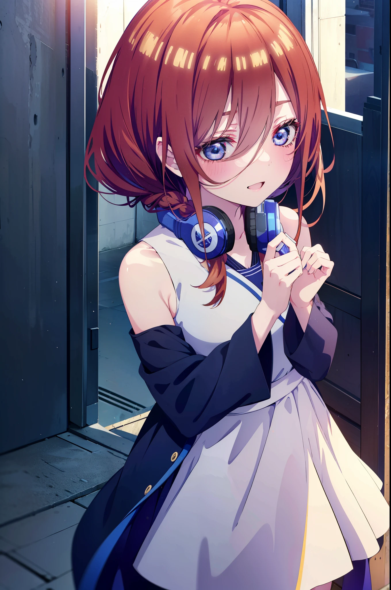 Miku Nakano, Miku Nakano, Long Hair, bangs, blue eyes, Brown Hair, Short braided hair,ponytail,Blue Hairband ,Hair between the eyes, Headphones around neck,White sleeveless dress,Bare shoulders,Bare arms,Long skirt,Cute Sandals,Daytime,Clear skies,happy smile, smile, Open your mouth,So that the whole body goes into the illustration,Looking up from below,
break outdoors, In town,Building district,
break looking at viewer,  (Cowboy Shot:1. 5)
break (masterpiece:1.2), highest quality, High resolution, unity 8k wallpaper, (figure:0.8), (Beautiful fine details:1.6), Highly detailed face, Perfect lighting, Highly detailed CG, (Perfect hands, Perfect Anatomy),