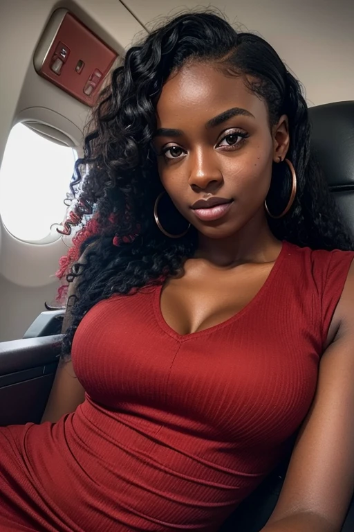 20yo woman, adult woman, African woman, detailed curly black hair, detailed face, ((red casual dress)) inside a plane scene, soft lighting, waiting to make love to you, close up of the face looking directly in the camera, sexy woman, beautiful woman, athletic build, gorgeous woman, dark skin