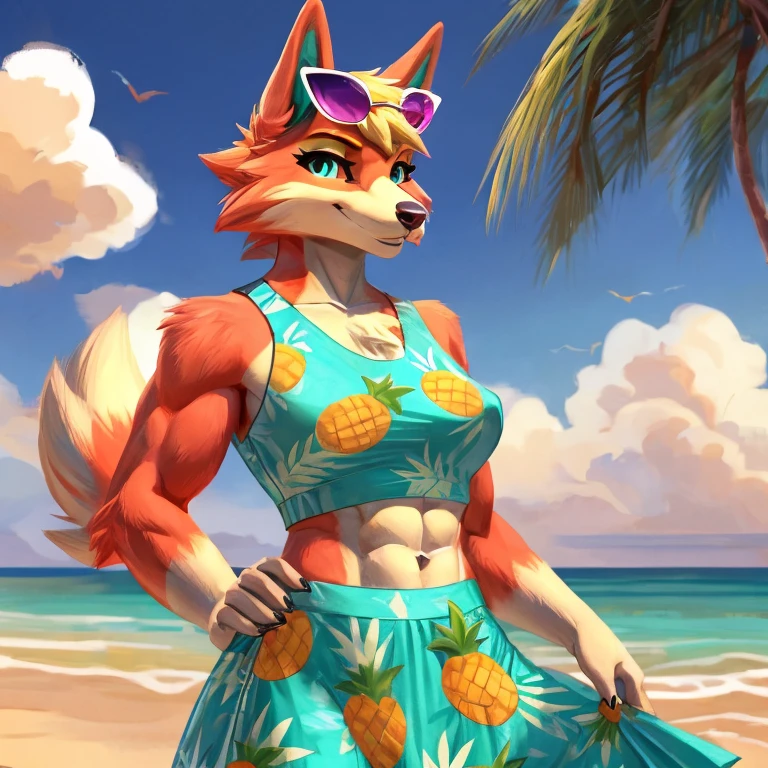 a digital artwork of audie with abs wearing a crop top of her sleeveless turquoise and pineapple printed muumuu dress with turquoise and pineapple printed skirt, a bare midriff and a bare navel, she has sunglasses on her forehead 