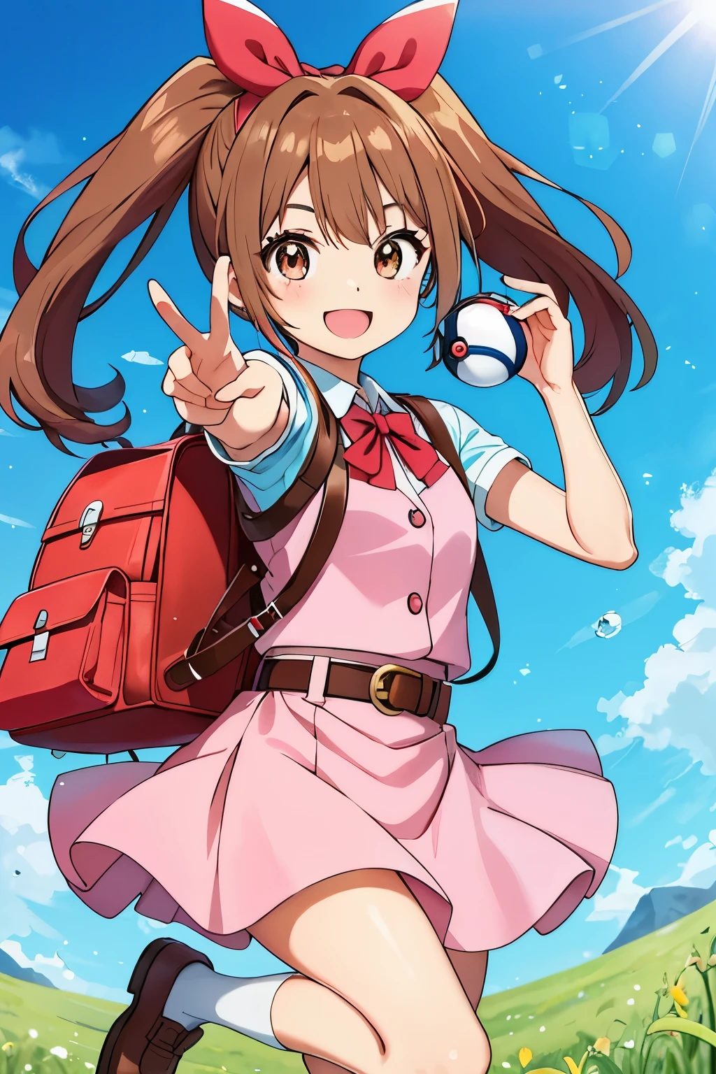 masterpiece, best quality, high resolution W1920 x H1080, Serena-style anime, cute Pokemon trainer, beautiful face with a smile, pokeball (basic) in hand, grass background (1.5), pleasant sunny sky, S2 (Serena's uniform):white blouse, short pink skirt, blue vest, yellow belt, brown shoes, two ponytails with red and blue bows, earrings, and a small backpack.