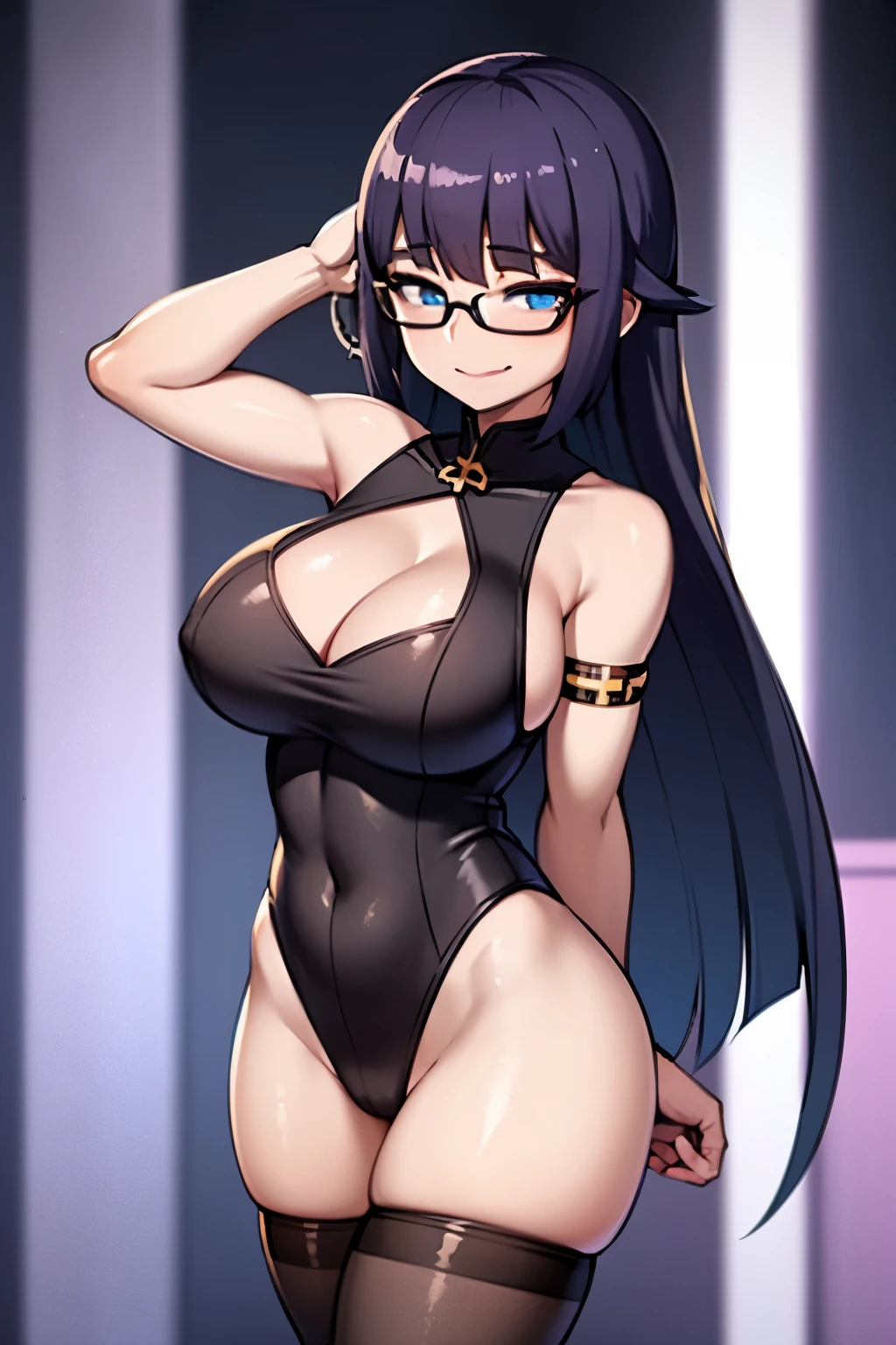 beautiful girl, purple hair, blue eyes, thin frame eyeglasses, freckles, thick lips, giant breasts, gigantic breasts, huge breasts, extreme cleavage, deep cleavage, thin body, extremely short hair, very dark skin, keyhole cheongsam, cheongsam, sleeveless, bare arms, showing cleavage, gigantic breasts, thigh high stockings, chinese restaurant background, seductive, happy, smiling, extreme blushing, perfect legs, 4K, 8K, high resolution, high definition, ultra-detailed, masterpiece, perfect anatomy