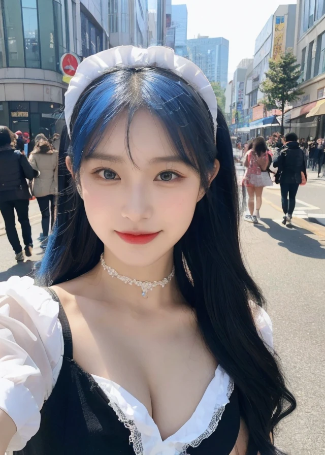 1 girl,Long hair,Smile, ((maid outfit)),(On the city streets) original photo, (photo实际of:1.37, 实际of), High detail CG unified 8K wallpaper, Looking at the audience, (((Directly from the front))), (Head office skin:1.8, 有光泽of皮肤), 8KUltra HD, SLR camera, 柔和of灯光, 高quality, Film Grain, XTrofessional lighting:1.6),thick lips,Duckbill,巨大of,Low-cut装,Expose the upper chest(masterpiece, 最好of_quality, Super detailed, 8k, Ultra HD, Flawless:1.latin Blue Hair, Blue Hair,Catwoman,, Cat ears, 发光of粉红色眼睛, 害羞of, 合规of, Blushed, Moist oily skin,, 大of胸, 上面of心形纹身, , 大of腿粗, 优美of臀部曲线, 巨大of,E cup,Toxopus, 緊緻of皮膚, scantily clad, Lace, collar, For the audience, midnight, of,,Japanese Goddess, Cardigan Shirt, Korean Girl, 美丽ofAsian Girls, V-neck dress, Low-cut,巨大of,Expose the upper half of the chest,Not compact,下垂of大of胸,华丽of中国模特, 美丽of年轻韩国女人, Japanese Models, thick lips,Duckbill,Asian Girls, 美丽of年轻韩国女人,, 美丽of韩国女人,, Looking ahead,巨大of,大of,up,Portrait Photos,super closeup,Facing the camera,Be careful when taking photos,Japanese ladies,Shredded Pork,丰满of身体,black