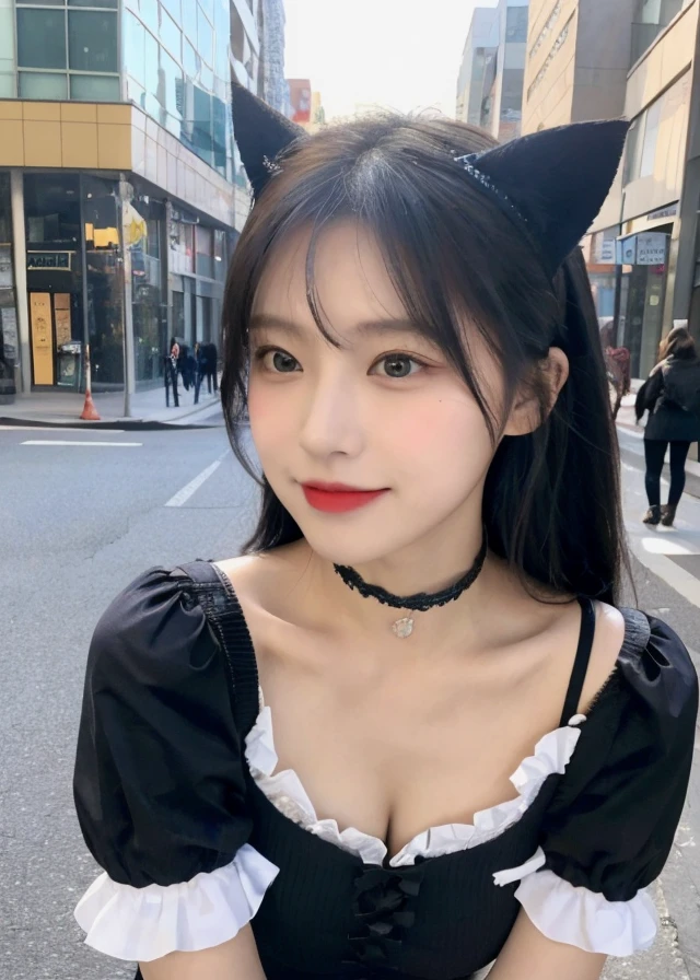 1 girl,Long hair,Smile, ((maid outfit)),(On the city streets) original photo, (photo实际of:1.37, 实际of), High detail CG unified 8K wallpaper, Looking at the audience, (((Directly from the front))), (Head office skin:1.8, 有光泽of皮肤), 8KUltra HD, SLR camera, 柔和of灯光, 高quality, Film Grain, XTrofessional lighting:1.6)，thick lips，Duckbill，巨大of，Low-cut装，Expose the upper chest(masterpiece, 最好of_quality, Super detailed, 8k, Ultra HD, Flawless:1.latin Blue Hair, Blue Hair，Catwoman,, Cat ears, 发光of粉红色眼睛, 害羞of, 合规of, Blushed, Moist oily skin,, 大of胸, 上面of心形纹身, , 大of腿粗, 优美of臀部曲线, 巨大of,E cup，Toxopus, 緊緻of皮膚, scantily clad, Lace, collar, For the audience, midnight, of,,Japanese Goddess, Cardigan Shirt, Korean Girl, 美丽ofAsian Girls, V-neck dress, Low-cut，巨大of，Expose the upper half of the chest，Not compact，下垂of大of胸，华丽of中国模特, 美丽of年轻韩国女人, Japanese Models, thick lips，Duckbill，Asian Girls, 美丽of年轻韩国女人,, 美丽of韩国女人,, Looking ahead,巨大of，大of，up,Portrait Photos，super closeup,Facing the camera，Be careful when taking photos，Japanese ladies，Shredded Pork，丰满of身体，black 