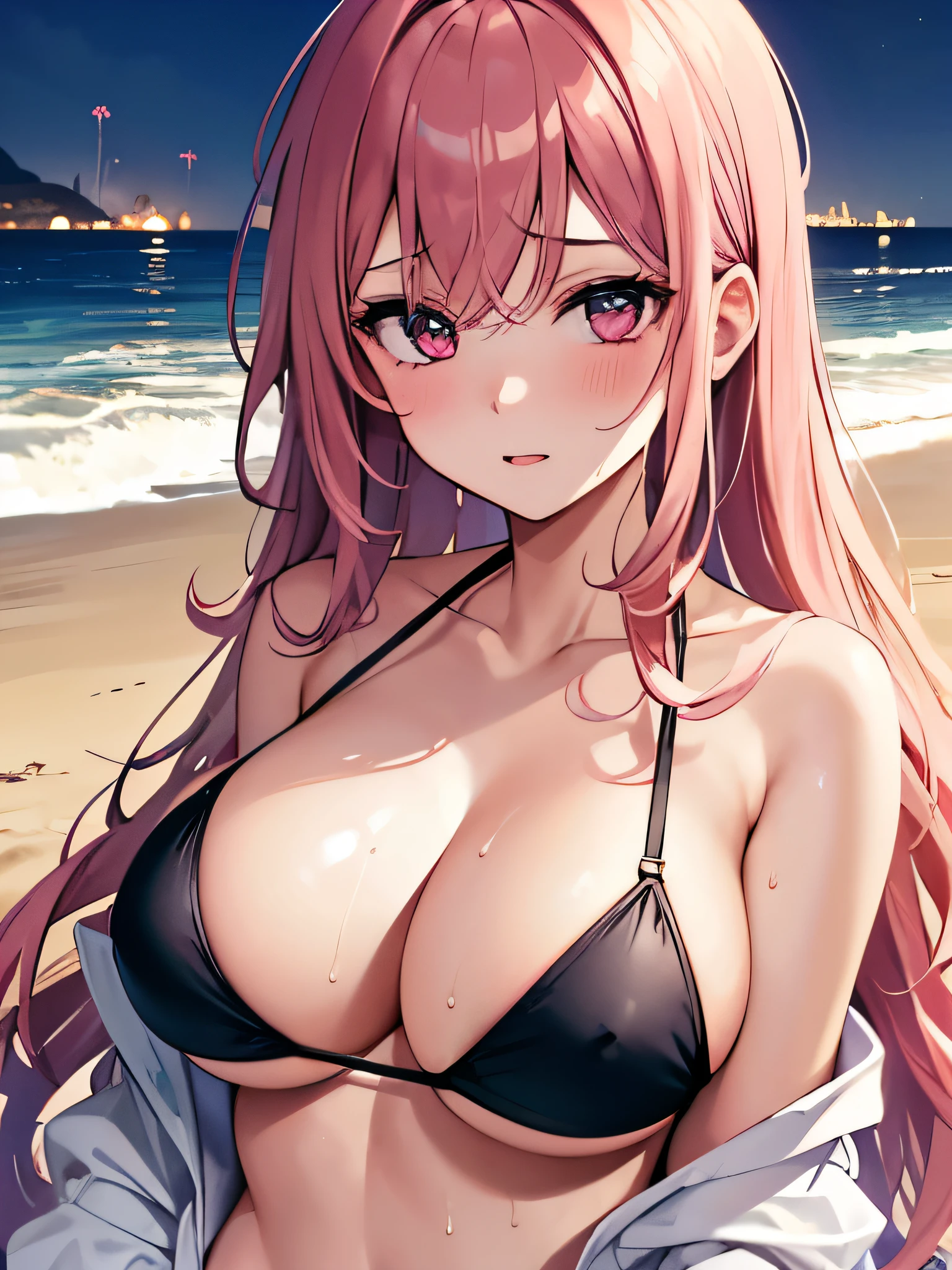 (masterpiece,highest quality, detailed), One girl, alone, Lying on the beach,Ocean, Fireworks at night, bikini, Sweat, Ahegao, Roll your eyes, blush, naked、Pink Hair,Messy wavy long hair,open chest white shirt、Black underwear,A tight-fitting shirt、Big Breasts