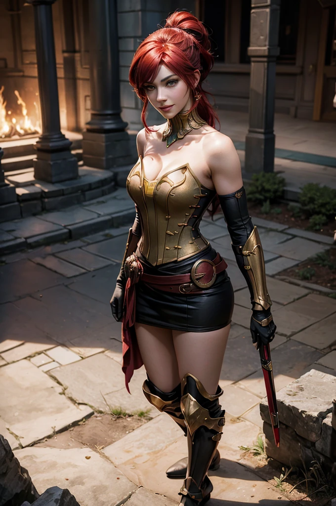 stunning girlfriend, heart shaped face, elegant face, beautiful face, highly detailed face, highly detailed skin, skin pores, subsurface scattering, realistic pupils, full lips, detailed background, depth of field, atmospheric perspective, volumetric lighting, sharp focus, absurdres, realistic proportions, good anatomy, (realistic, hyperrealistic:1.4), 16k hdr, ((best quality)), ((highly detailed)), absurdres, (detailed eyes, deep eyes), (1girl), full body, pyrrha nikos, rwby, red hair, ponytail, green eyes, medium breasts, smile, circlet, bustier, bare shoulders, skirt, elbow gloves, bracers, armored boots, standing, on mountain side, crowd