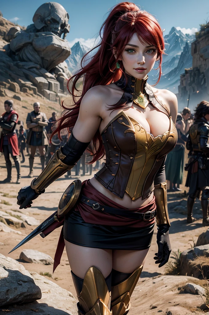 stunning girlfriend, heart shaped face, elegant face, beautiful face, highly detailed face, highly detailed skin, skin pores, subsurface scattering, realistic pupils, full lips, detailed background, depth of field, atmospheric perspective, volumetric lighting, sharp focus, absurdres, realistic proportions, good anatomy, (realistic, hyperrealistic:1.4), 16k hdr, ((best quality)), ((highly detailed)), absurdres, (detailed eyes, deep eyes), (1girl), full body, pyrrha nikos, rwby, red hair, ponytail, green eyes, medium breasts, smile, circlet, bustier, bare shoulders, skirt, elbow gloves, bracers, armored boots,  standing, on mountain side, crowd