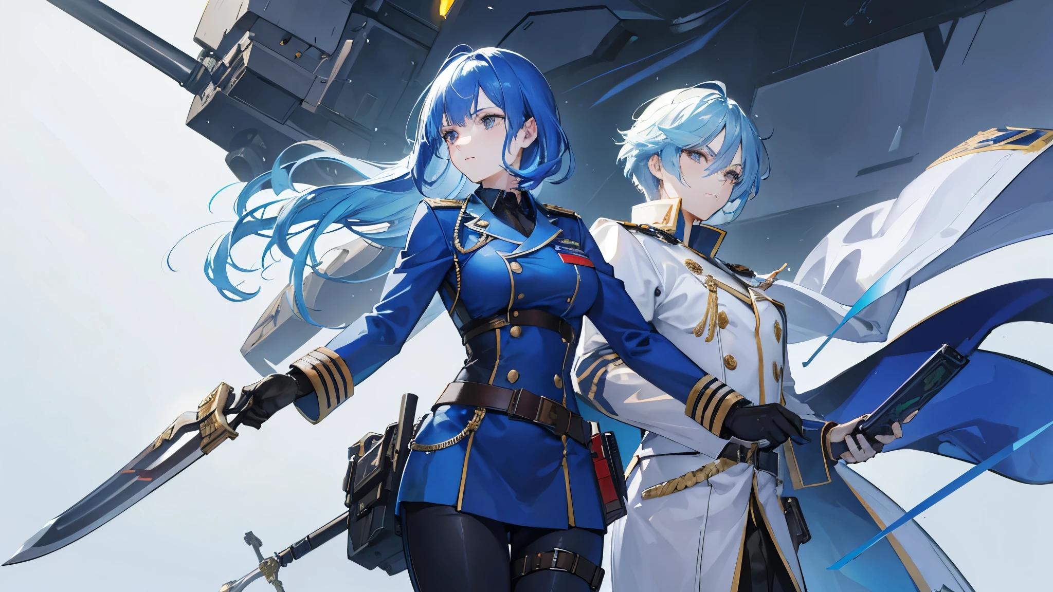 A Beautiful woman with a blue hair On the Military As Captain General and with Holstered Sword on it, And Holding One of its Comrades