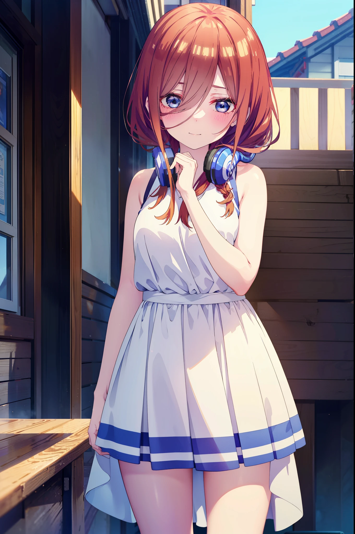 Miku Nakano, Miku Nakano, Long Hair, bangs, blue eyes, Brown Hair, Short braided hair,ponytail,Blue Hairband ,Hair between the eyes, Headphones around neck,smile,blush,White sleeveless dress,Bare shoulders,Bare arms,Long skirt,Cute Sandals,Daytime,Clear skies,happy smile, smile, Open your mouth,So that the whole body goes into the illustration,Looking up from below,
break outdoors, In town,Building district,
break looking at viewer,  (Cowboy Shot:1. 5)
break (masterpiece:1.2), highest quality, High resolution, unity 8k wallpaper, (figure:0.8), (Beautiful fine details:1.6), Highly detailed face, Perfect lighting, Highly detailed CG, (Perfect hands, Perfect Anatomy),