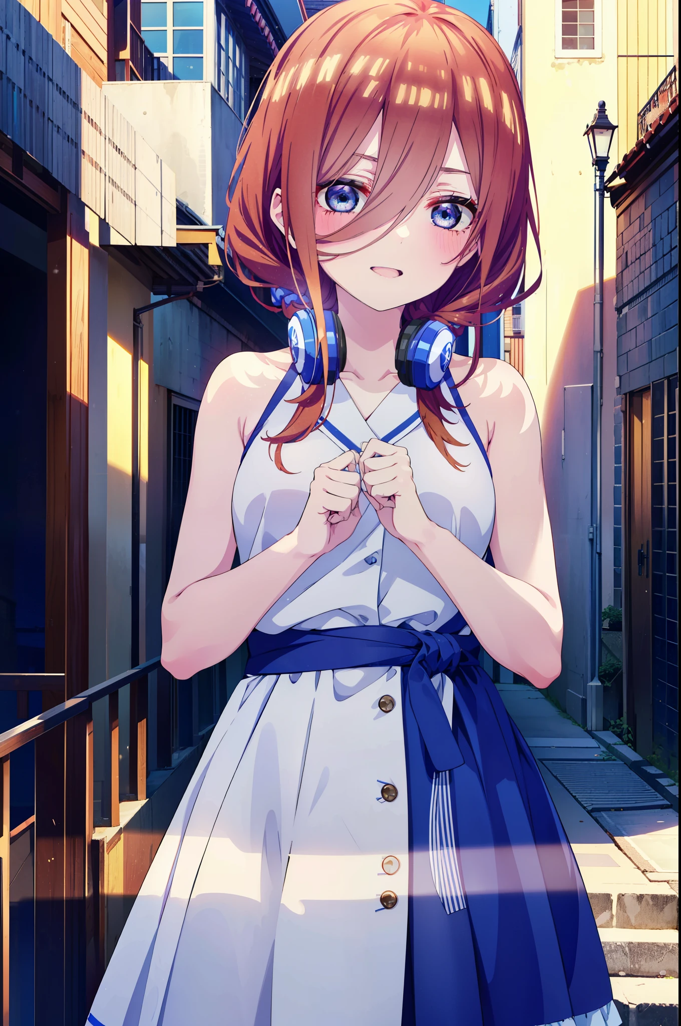 Miku Nakano, Miku Nakano, Long Hair, bangs, blue eyes, Brown Hair, Short braided hair,ponytail,Blue Hairband ,Hair between the eyes, Headphones around neck,smile,blush,White sleeveless dress,Bare shoulders,Bare arms,Long skirt,Cute Sandals,Daytime,Clear skies,happy smile, smile, Open your mouth,So that the whole body goes into the illustration,Looking up from below,
break outdoors, In town,Building district,
break looking at viewer,  (Cowboy Shot:1. 5)
break (masterpiece:1.2), highest quality, High resolution, unity 8k wallpaper, (figure:0.8), (Beautiful fine details:1.6), Highly detailed face, Perfect lighting, Highly detailed CG, (Perfect hands, Perfect Anatomy),