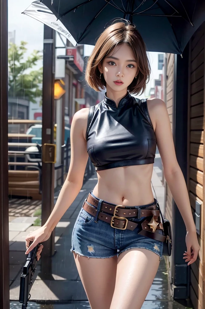 Mariam, highest quality,(beauty), One girl,Physically Based Rendering ,Ultra-high resolution,(Cowboy Shot:1.5),Tight waist, skinny, Leona MS , Big Blue Eyes,Long legs,(jeans mini shorts),Leather Belt,Big Breasts,Puffy eyes, Leather Belt,(Rainy Town), Shiny skin, Face-to-face viewer, I'm excited to fight、(Holding a gun)。((Sexy leather top sleeveless))、Sexy thighs、Protruding nipples
