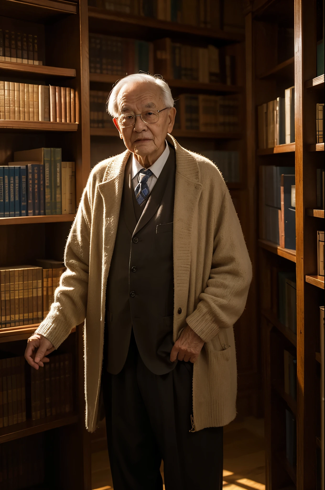 A wise old man stands in front, The light is illuminated, Library as background