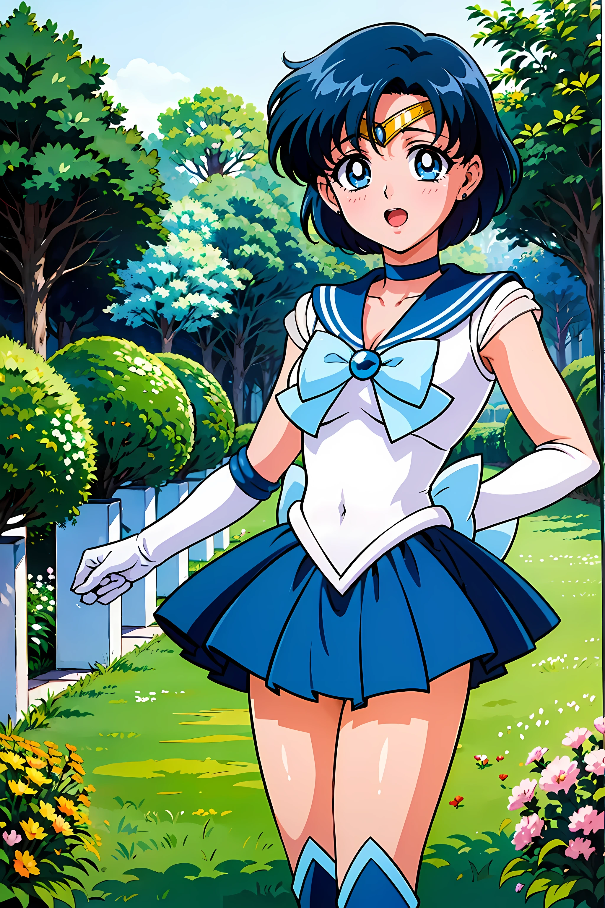 (highest quality:1.3),(ultra-Familiar:1.5),High resolution,extremely Familiar CG,unity 8k wallpaper,Official Art,Familiar,super Familiar skin,Perfect Anatomy,beautiful Familiar eyes,(Anime screenshots:1.11),Very delicate and beautiful,(90s Anime,90s Anime style,cell shaded anime:1.17),1 girl,alone,anmnr,
(mer1:1.52)), tiara, Sailor senshi Uniforms, Blue sailor collar, bow, Knee Boots, choker, White gloves, blue choker, elbow gloves, jewelry, Earrings, Blue Skirt,
((garden :1.2)),At dusk, ((Recommended for scenes with strong dark shadows:1.2)), Golden Flower ,Beautiful magic style, intense, Concept Art, Digital Painting,
blush, Open your mouth,Wind lift, Sexy pose, Outdoor,