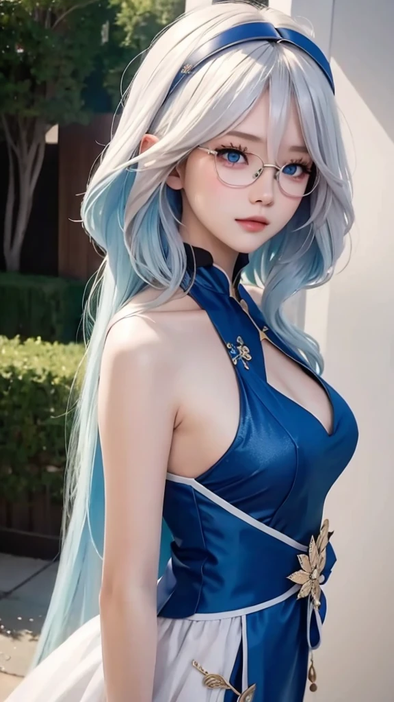 One wearing a blue dress、Close-up of woman wearing white headband, guweiz style artwork, IG model | artistic germ, extremely detailed artistic germ, surreal anime, Soft portrait shots 8K, artistic germ. anime illustration, Bowater's art style, blonde princess, 8k artistic germ bokeh,blue hair,semi long hair,blue eyes,wear glasses(focus)