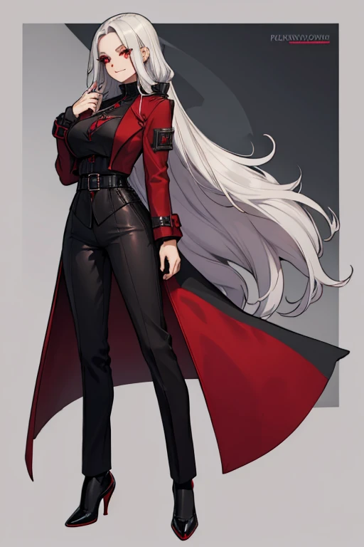 female, silver long hair with black highlights, red eyes, (((1girl))), (((red gothic coat))), (black shirt), (red pants), (black dress shoes), (black helm), cute and sexy, full body, large breasts, large butt, long legs, smiling