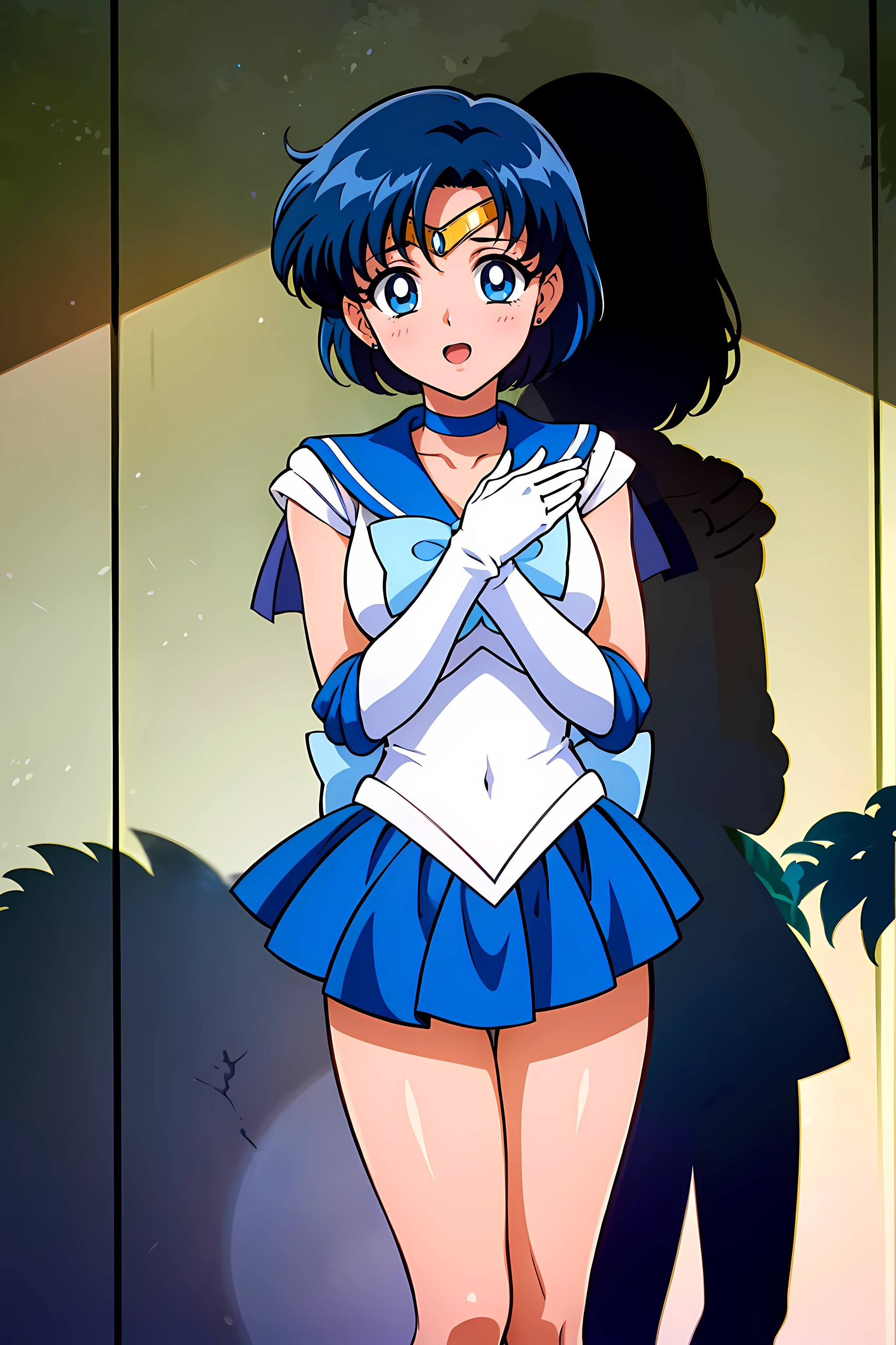 (highest quality:1.3),(ultra-Familiar:1.5),High resolution,extremely Familiar CG,unity 8k wallpaper,Official Art,Familiar,super Familiar skin,Perfect Anatomy,beautiful Familiar eyes,(Anime screenshots:1.11),Very delicate and beautiful,(90s Anime,90s Anime style,cell shaded anime:1.17),1 girl,alone,anmnr,
(mer1,1:1.52)), tiara, Sailor senshi Uniforms, Blue sailor collar, bow, Knee Boots, choker, White gloves, blue choker, elbow gloves, jewelry, Earrings, Blue Skirt,
((garden :1.2)),At dusk, ((Recommended for scenes with strong dark shadows:1.2)), Golden Flower ,Beautiful magic style, intense, Concept Art, Digital Painting,
blush, Open your mouth,Wind lift, Sexy pose, Outdoor,