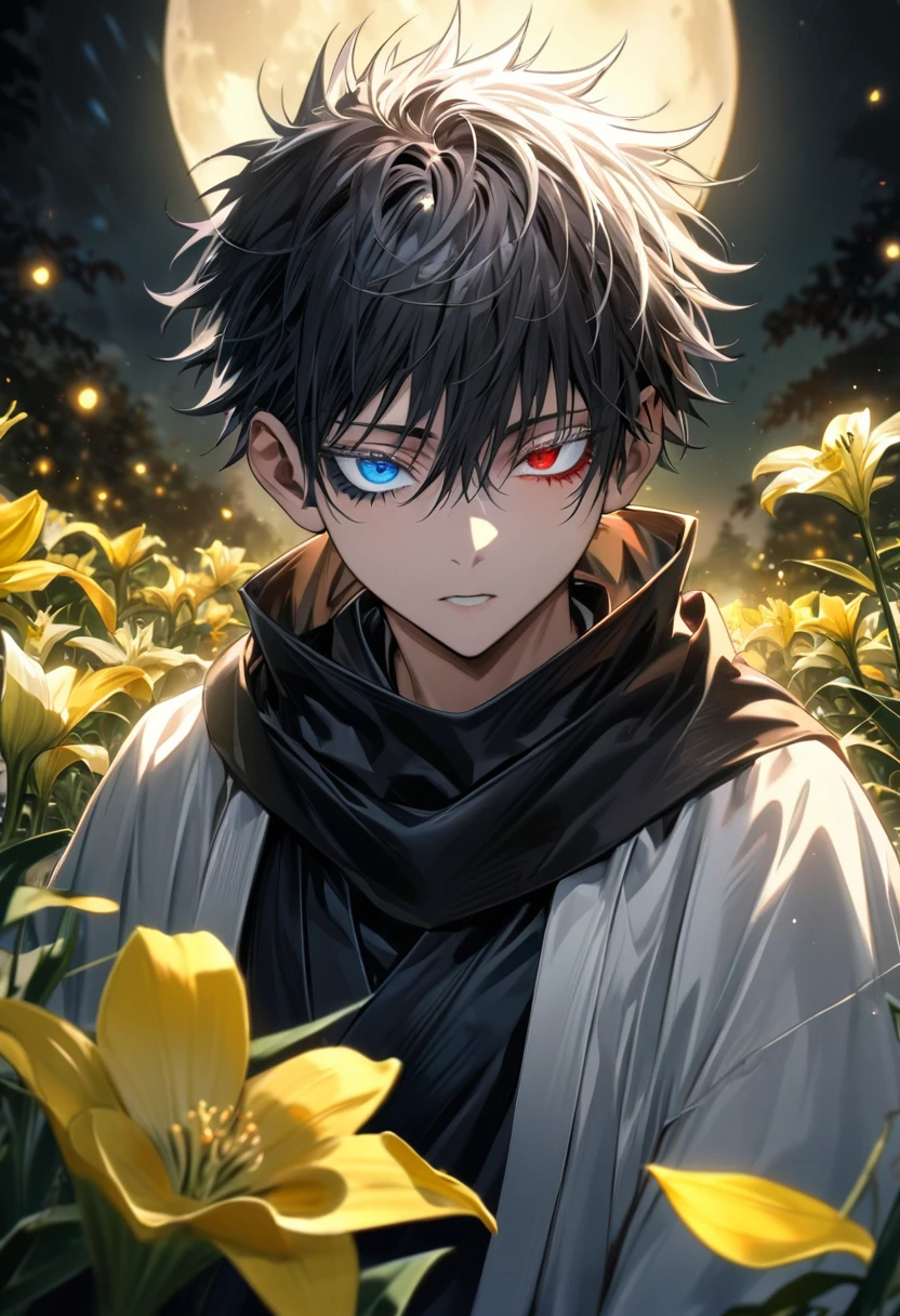 absurdres, highres, ultra detailed, HDR, master piece, best quality, extremely detailed face and eyes, Gojo Satoru, short hair with bangs, hair between the eyes, he has two different hair colour, bicolored hair, right half black hair, left half white hair, heterochromia, right eye red, left eye blue, white eyelashes, Jujutsu Kaisen, solo, little boy, cute, black scarf, white haori, black kimono, yellow petals, yellow lilies, moon, fireflies