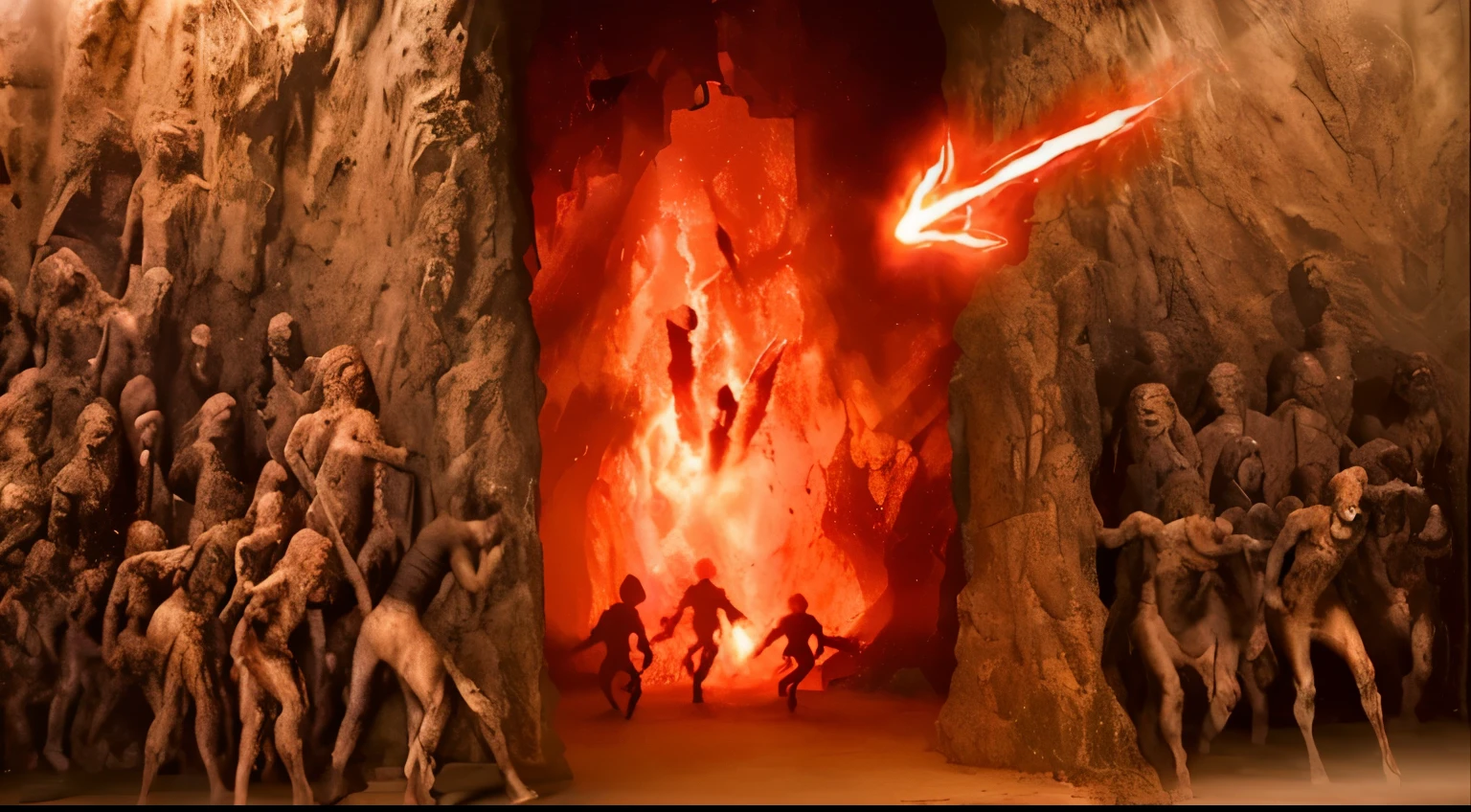 This is a stylized image that appears to be from a fantasy or horror scene. The setting is a cave or cavernous corridor with walls of earth or stone. Thin humanoid characters, similar to zombies or petrified creatures, are embedded in the walls, as if they were trying to escape or had been captured at the moment of a volcanic eruption and fossilized in agonal positions.
In the center, there is a rounded opening that resembles the entrance to hell or a door to a fiery dimension. The interior is lit with a reddish-orange glow, with indistinct silhouettes that could suggest more creatures or dancing flames. The silhouettes in the center of the opening have distorted shapes and appear to be in motion, which increases the feeling of dynamism and chaos.
In front, closest to the viewer's point of view, are dark figures, possibly human, that appear to be moving towards the opening. They are positioned as if they are running or moving quickly. Their shadows are cast on the floor, suggesting that there is a strong light source coming from behind or within the glowing opening.
This image may evoke stories or mythologies of underworlds, eternal punishments, or alternative realities. The use of light and shadow creates a strong contrast that contributes to a sense of desperation and urgency. It's a scene that could easily belong to a fantasy or horror film or book, designed to provoke an intense emotional response from the viewer.