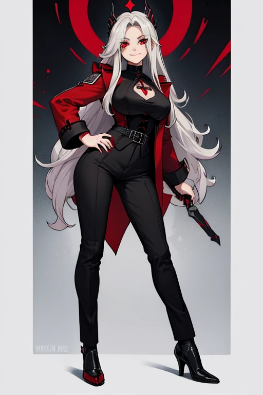 female, silver long hair with black highlights, red eyes, (((1girl))), (((red gothic coat))), (black shirt), (red pants), (black dress shoes), (black helm), cute and sexy, full body, large breasts, large butt, long legs, smiling