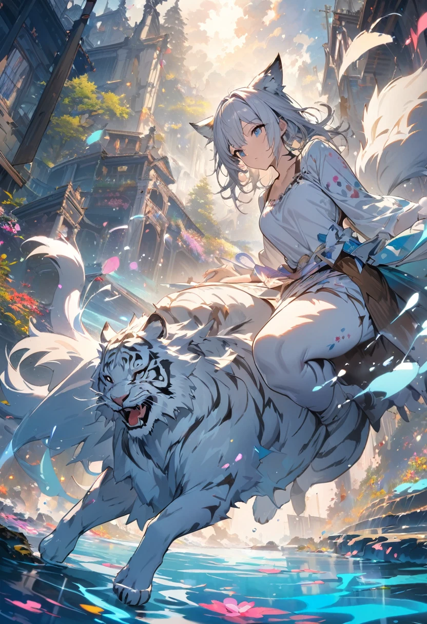 (masterpiece, top quality, official art:1.2)look at the view, tiger and wolf woman, White tiger painting, A short flash of light, Colorful water levitation(2D:1.5),