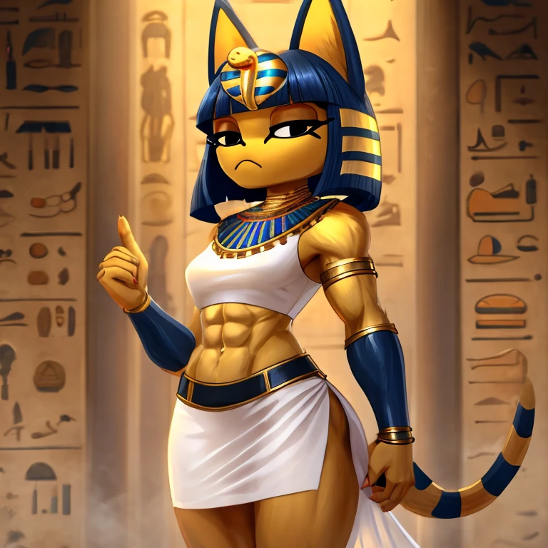 a digital artwork of ankha with abs wearing a crop top of her white sleeveless dress with white dress skirt, a bare midriff and a bare navel, sideview, Egyptian setting