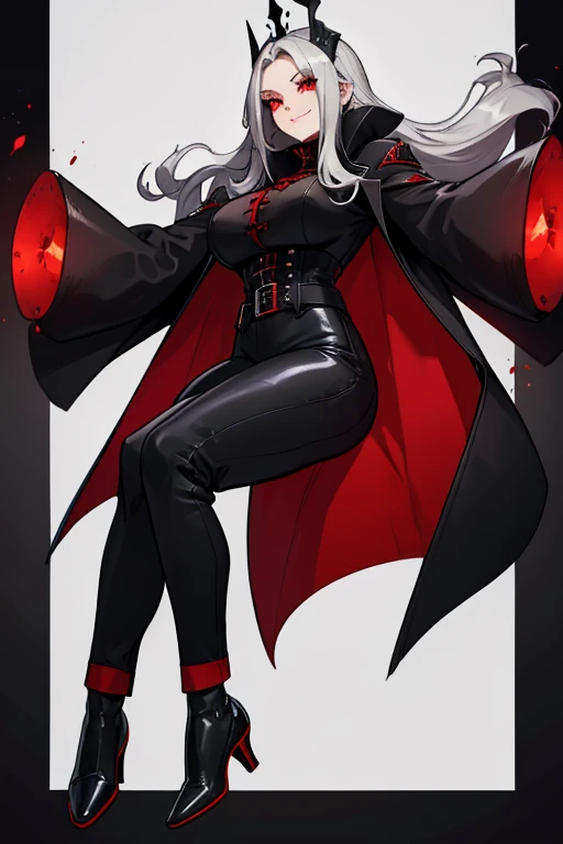 female, silver long hair with black highlights, red eyes, (((1girl))), (((red gothic coat))), (black shirt), (red pants), (black dress shoes), (black helm), cute and sexy, full body, large breasts, large butt, long legs, smiling