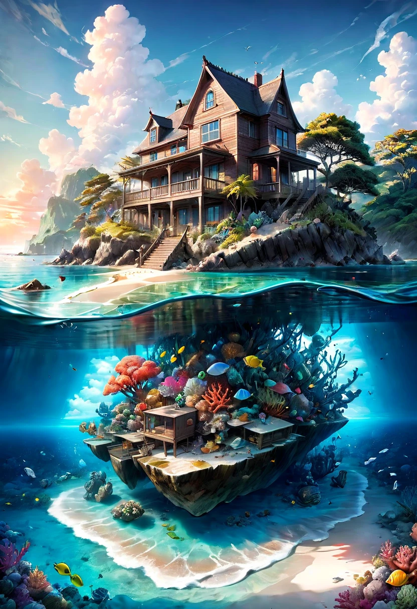 Blue Coast, "Stunning photo realistic  image of a small cozy beach house on a small uncharted paradise island surrounded by clear water with colorful coral reefs under the water!" by Awwchang and James_Christensen and CGSociety and Carne_Griffiths, ultradetailed, intricate, maximalist, ultra_quality, 8k , beautiful_composition, sunset , pale muted colors