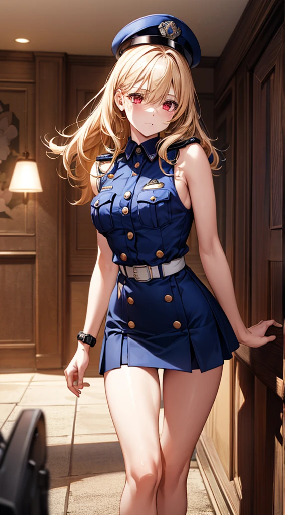 (((Perfect Anatomy, Very detailedな肌))), 1 girl, Japanese, Police Girl, Shiny skin, Small breasts:0.5, Are crying,avert your eyes, look up, Beautiful Hair, Beautiful Face, Beautiful fine details, (Long Hair:1.5,), Blonde, bangs, Hair between the eyes, Red eyes, Beautiful clavicle, Beautiful body, Beautiful breasts, Beautiful thighs, Beautiful feet, Baby Face, Mole under the eye, ((Policewoman uniform, Light blue sleeveless shirt, High Waist Mini Skirt), belt, ((watch)),Police hat, Captivating thighs , (Beautiful views), wasteland, Burning City, 8k, highest quality, Masterpiece:1.2, Very detailed), (Realistic, photoRealistic:1.2), Beautiful illustrations, Cinema Lighting,Indoor Scene,Wooden wall,Standing facing forward
