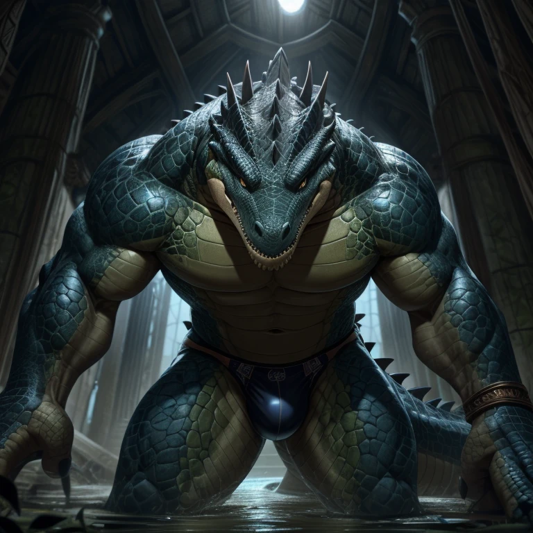 Tall hyperMuscular Deep BLUE Crocodile, HD, 4K, high resolution, Best quality, perfect colors, perfect shadow, perfect litthing, Alone, Males person, Correct Head Anatomy, Correct Anatomy, (Detailed Realistic scales, epic, tmasterpiece:1.2), (Detailed swamp background), shining Scales, smooth scales, perfect scales, detailed scales, Crocodile, Deep Blue Crocodile, torch lighting, night, Deep blue scales color, hornless, no horns, Big muscle, detailed speedo, big underwear bulge