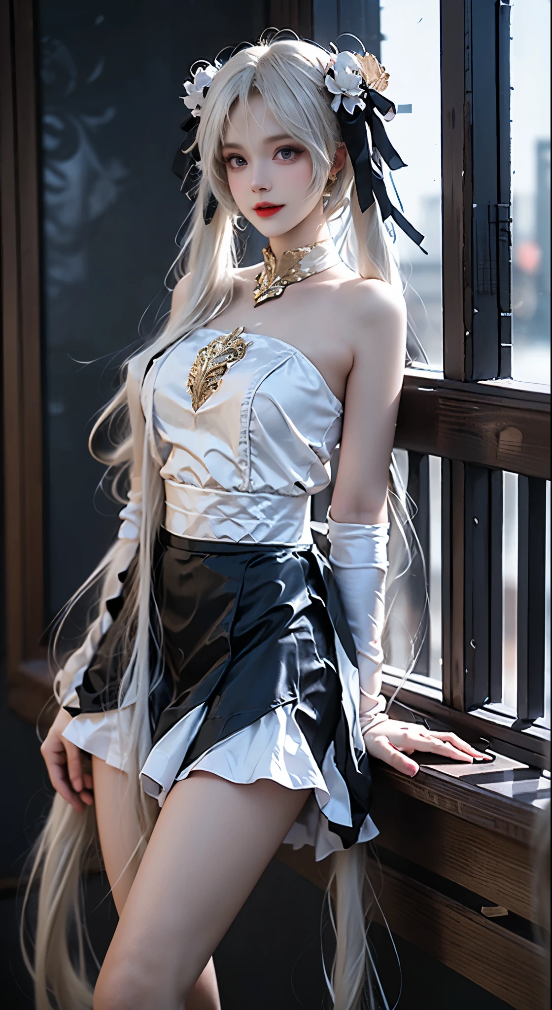 kasugano sora,long white hair,twintails,hair ribbon,hair ornament, ((Bare shoulders)), ((Full breasts)), ((The skirt is short)), ((Sexy legs)), ((whole body)), Practical, Fashion girl, Red lips, Mature women, Exquisite makeup, big eyes, beautiful, (best quality, masterpiece:1.2), Ultra Detailed, (Practical:1.37), ((Random scenes, Random shooting angles)), ((Sexy long legs)), Young and energetic, Charming model, (Delicateeyes, Delicate lips), Show a bright smile, Create stunning girl images, warm color, Very high color saturation, Official Art, Extremely detailed CG, Unity 8K Wallpaper, (High Dynamic Range :1.4), (Movie atmosphere),(Soft colors), (Natural skin texture, ultra-Practical, Soft Light, sharp),(Very detailed), night, moonlight