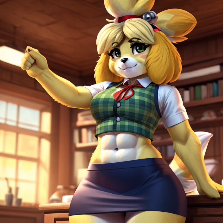 a digital artwork of Isabelle with abs wearing a crop top of her  short sleeve green plaid white shirt with green vest and red ribbon tie and a navy blue skirt with a bare midriff and a bare navel ((perfect face)), ((best quality)), ((masterpiece)),