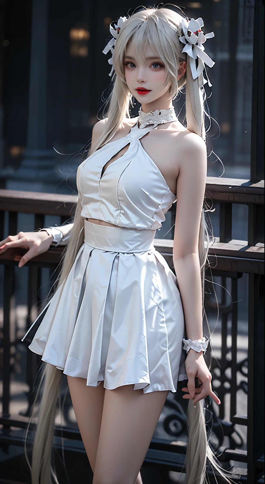 kasugano sora,long white hair,twintails,hair ribbon,hair ornament, ((Bare shoulders)), ((Full breasts)), ((The skirt is short)), ((Sexy legs)), ((whole body)), Practical, Fashion girl, Red lips, Mature women, Exquisite makeup, big eyes, beautiful, (best quality, masterpiece:1.2), Ultra Detailed, (Practical:1.37), ((Random scenes, Random shooting angles)), ((Sexy long legs)), Young and energetic, Charming model, (Delicateeyes, Delicate lips), Show a bright smile, Create stunning girl images, warm color, Very high color saturation, Official Art, Extremely detailed CG, Unity 8K Wallpaper, (High Dynamic Range :1.4), (Movie atmosphere),(Soft colors), (Natural skin texture, ultra-Practical, Soft Light, sharp),(Very detailed), night, moonlight