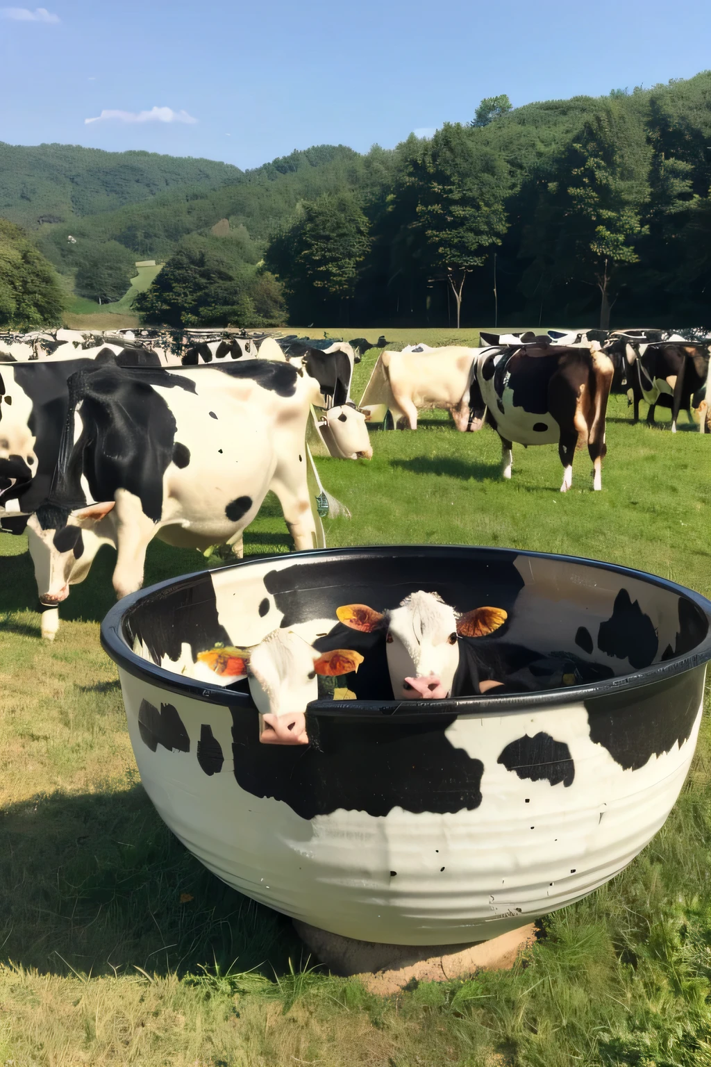 Create an image of a bowl full of live cows.
