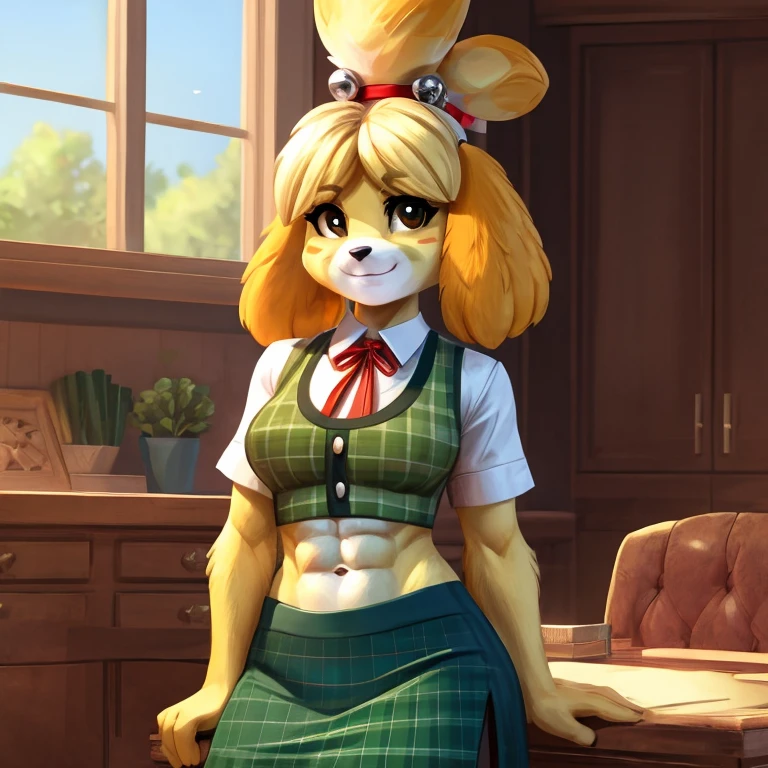 a digital artwork of Isabelle with abs wearing a crop top of her  short sleeve green plaid white shirt with green vest and red ribbon tie and a navy blue skirt with a bare midriff and a bare navel ((perfect face)), ((best quality)), ((masterpiece)),