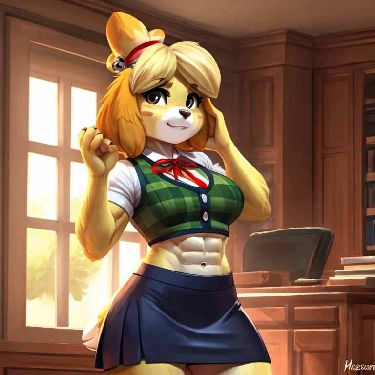 a digital artwork of Isabelle with abs wearing a crop top of her  short sleeve green plaid white shirt with green vest and red ribbon tie and a navy blue skirt with a bare midriff and a bare navel ((perfect face)), ((best quality)), ((masterpiece)),